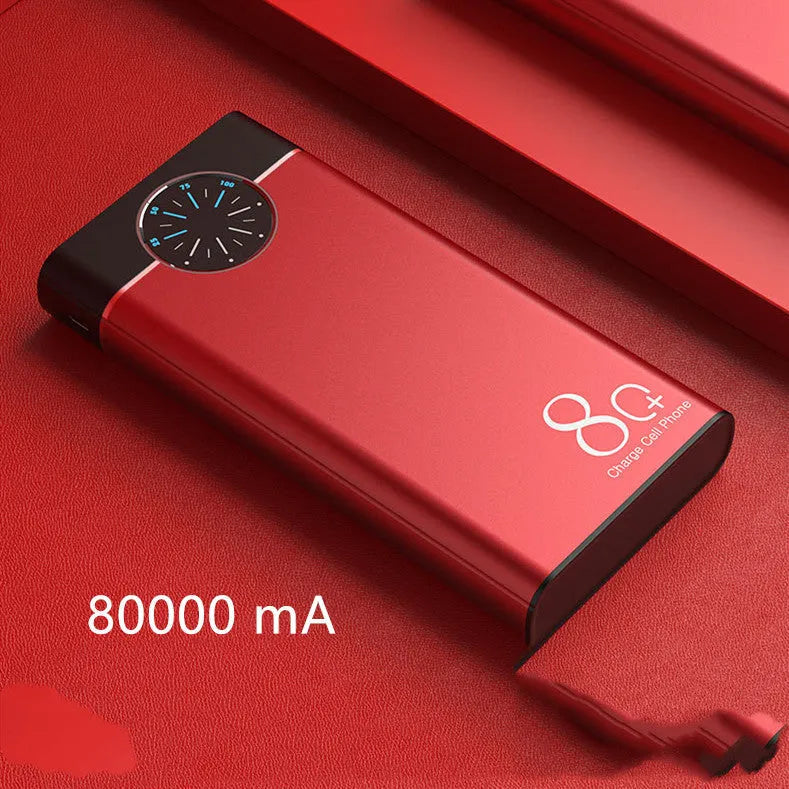 Black 20000mAh alloy portable power bank with LED flashlight showing size scale