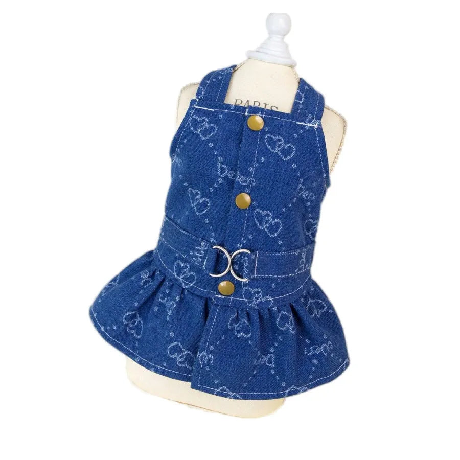 Denim princess dress for small Teddy or Bichon dog in bracket skirt style
