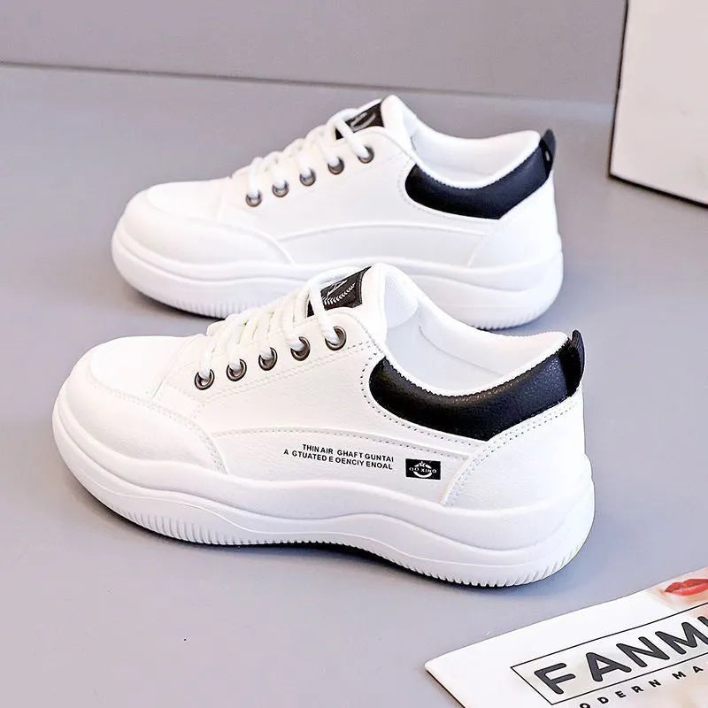 Women's Korean-style white leather shoes with cross straps and round toe