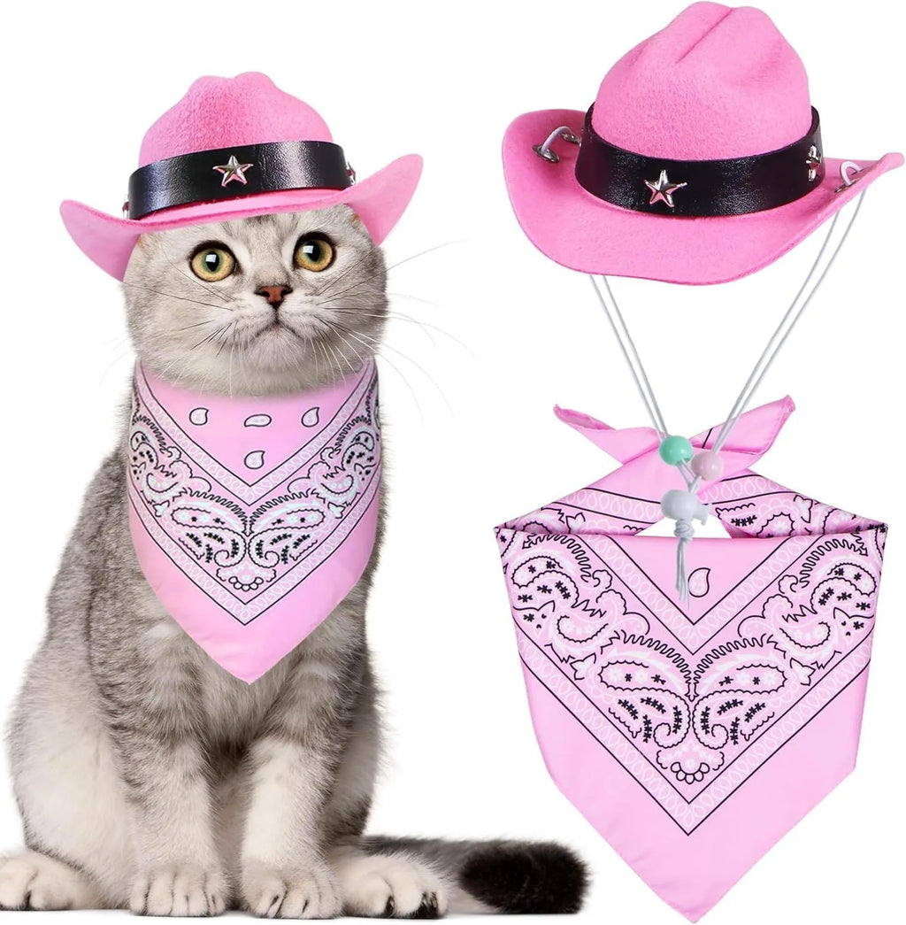 Cat wearing cowboy hat and bandana costume set for Halloween