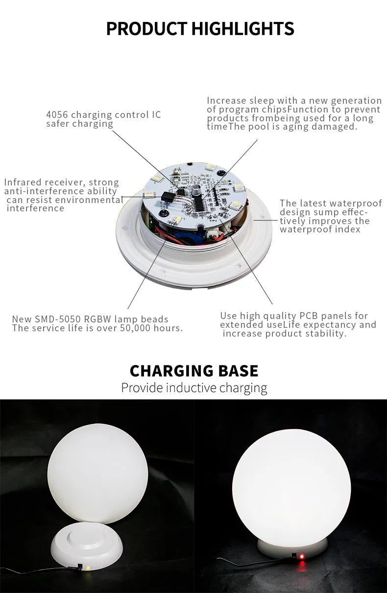 Remote-controlled LED ball lamp floating in a pool, showing multicolour light with IP67 waterproof rating.