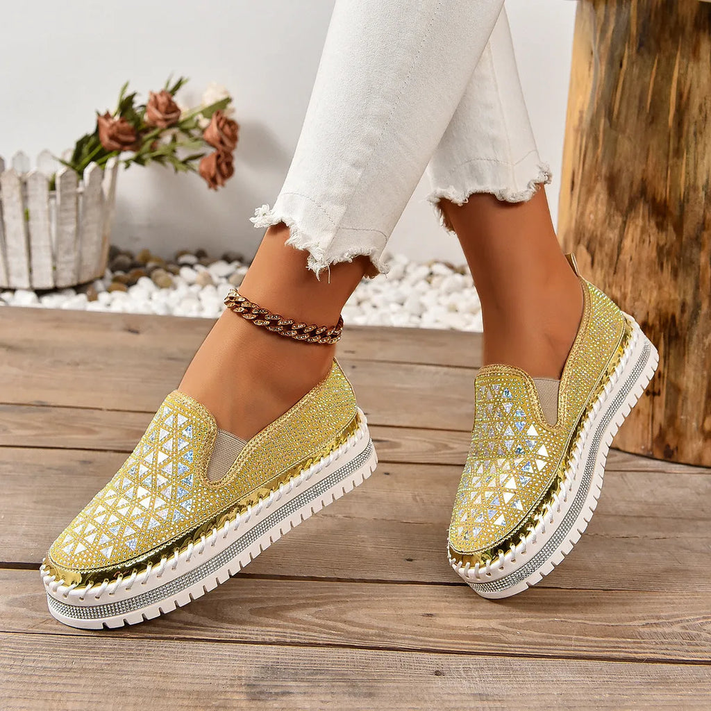 Casual suede flat sneakers with rhinestones and sequins, rubber sole, round toe, black beige yellow, sizes 35-44