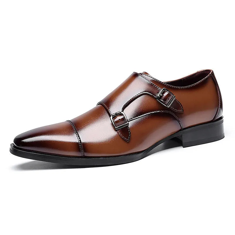 Men's black and light brown leather shoes with square toe design and rubber soles