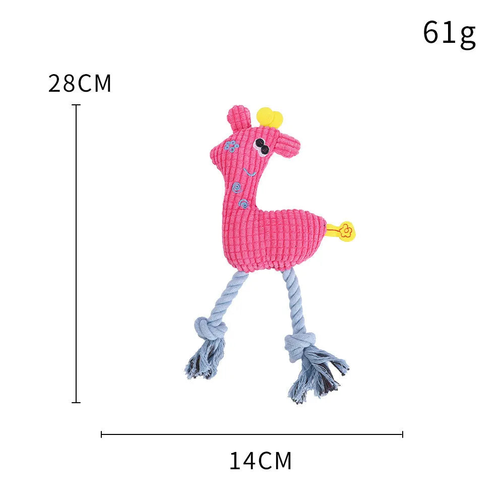 Blue deer-shaped plush dog toy with corn grain texture and squeaker.