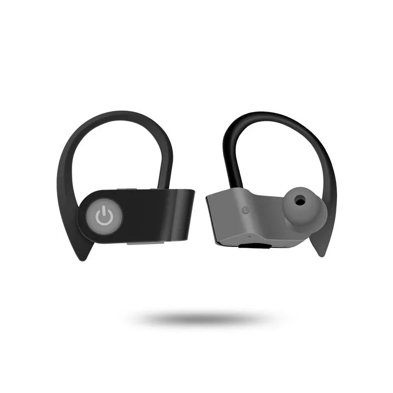Black wireless Bluetooth in-ear headphones with ergonomic design and charging cable.