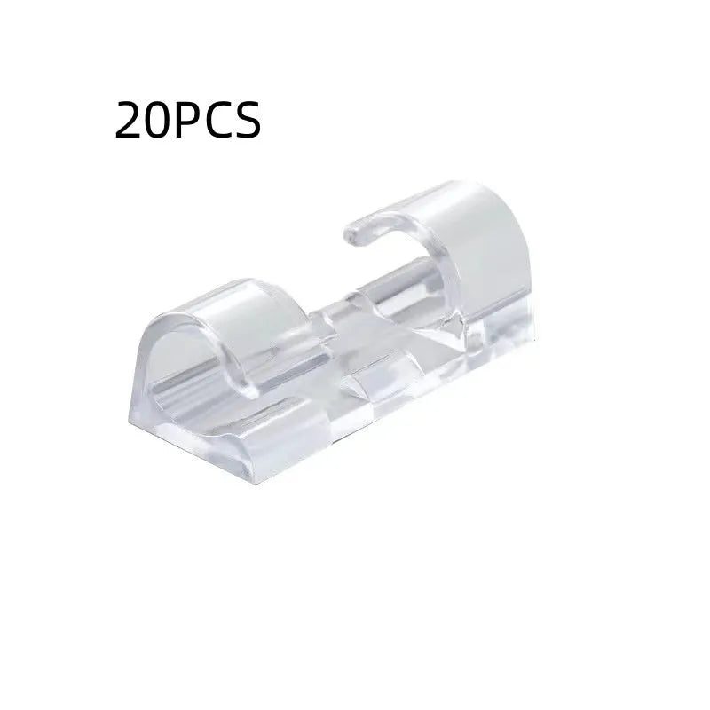 Transparent plastic self-adhesive cable clips for wire organisation in four size options