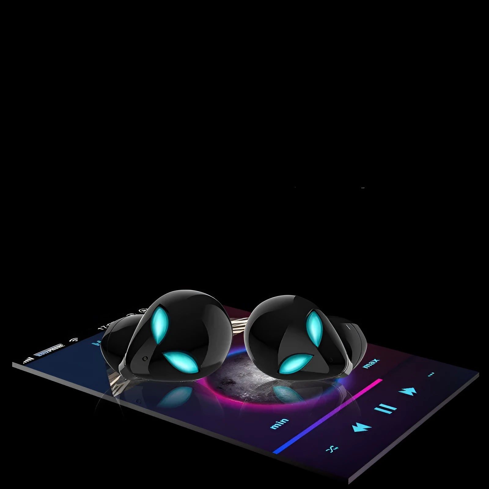 Creative Outer T8 Starman alien-shaped Bluetooth earbuds with LED lights next to their wireless charging case.