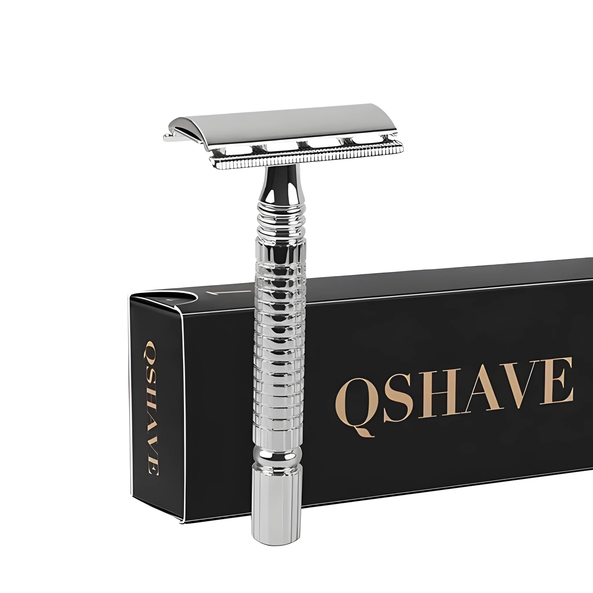 Double edged safety razor and blade in a storage box, a traditional wet shaving kit.