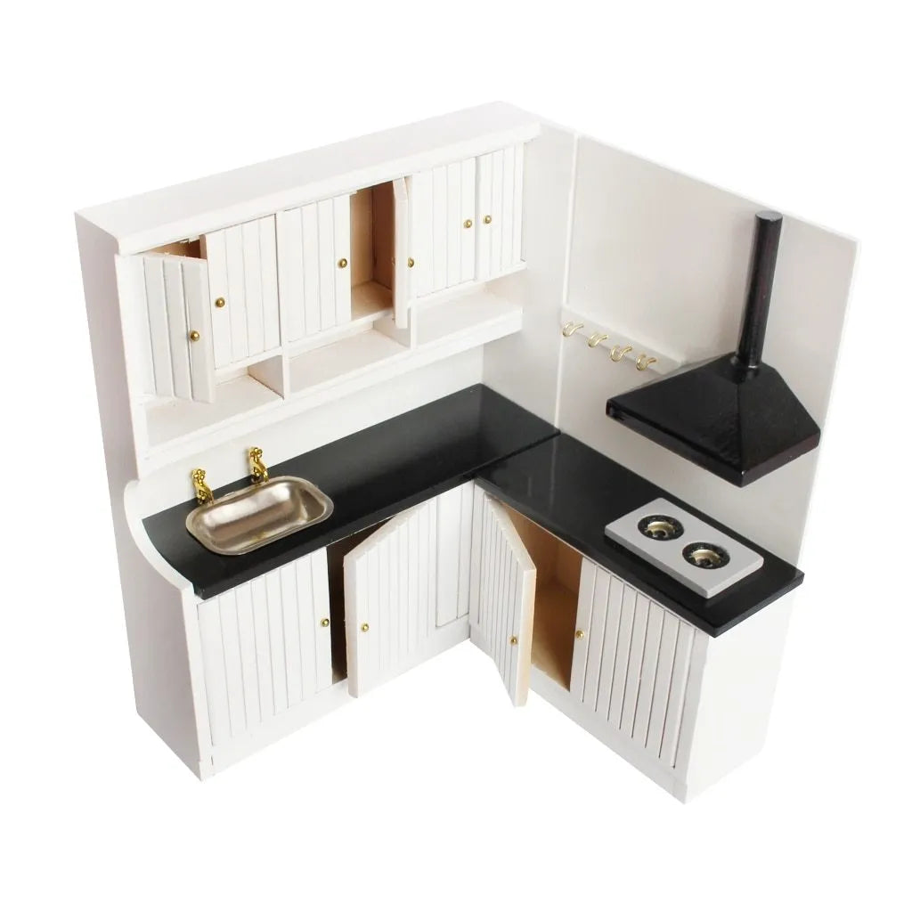 White birch dollhouse kitchen set with sink and stove cabinets, featuring working doors.