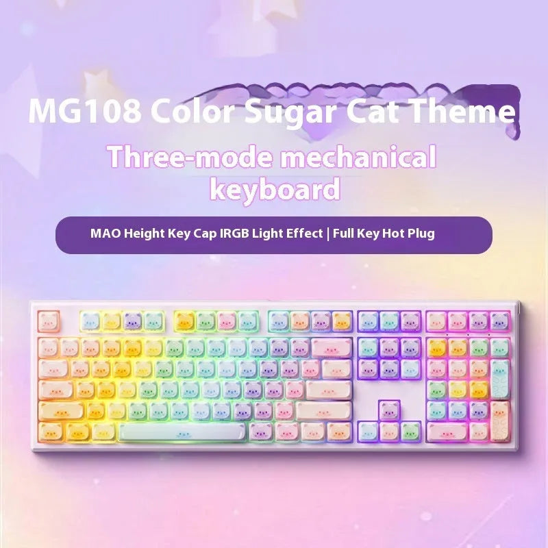 MG108B coloured sugar cat design Bluetooth mechanical keyboard with full 108-key layout.