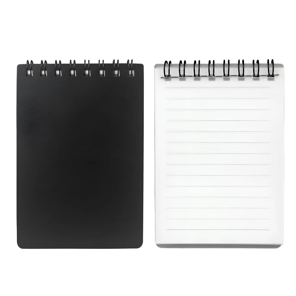 Spiral-bound business notepad with black and transparent white PP cover, pen, and cleaning cloth