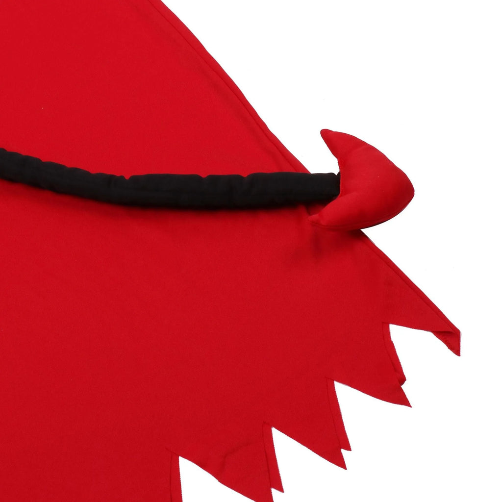 Red polyester demon Halloween costume with serrated dress, plush tail, wrist gloves, and horned hood