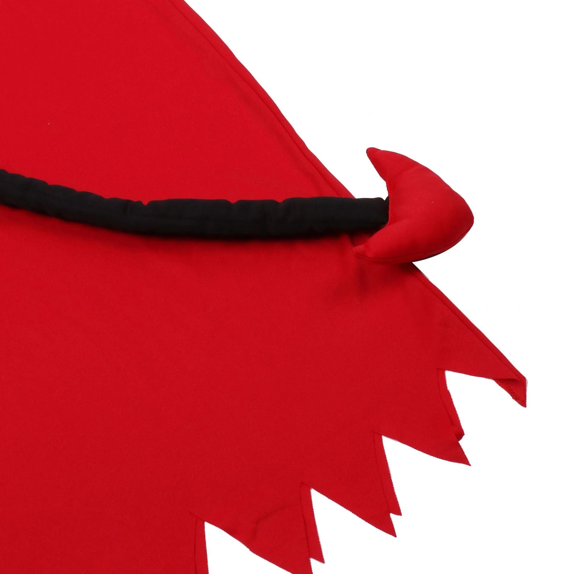 Red polyester demon Halloween costume with serrated dress, plush tail, wrist gloves, and horned hood