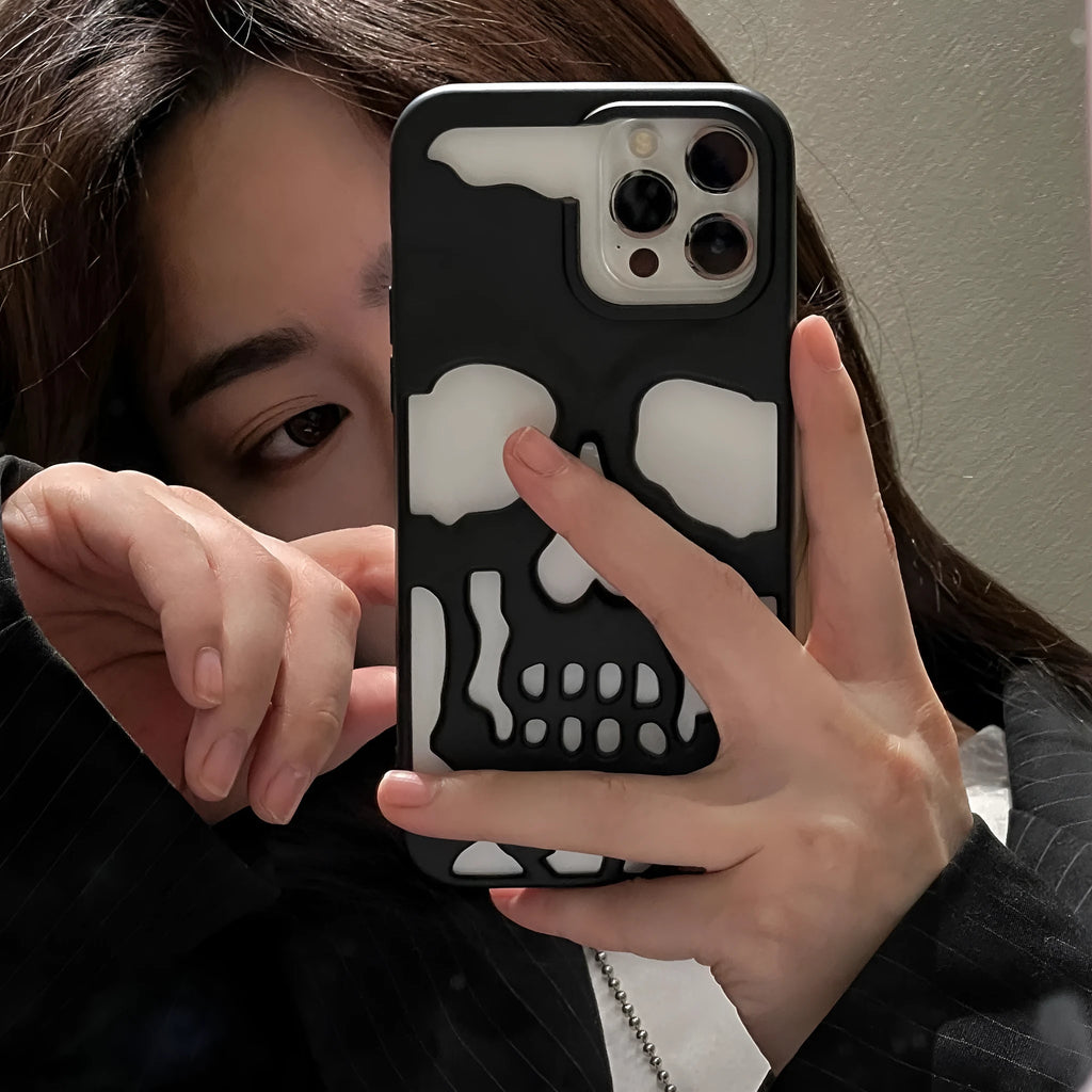 Frosted skull TPU phone case in matte black with hollow protective cover for iPhone