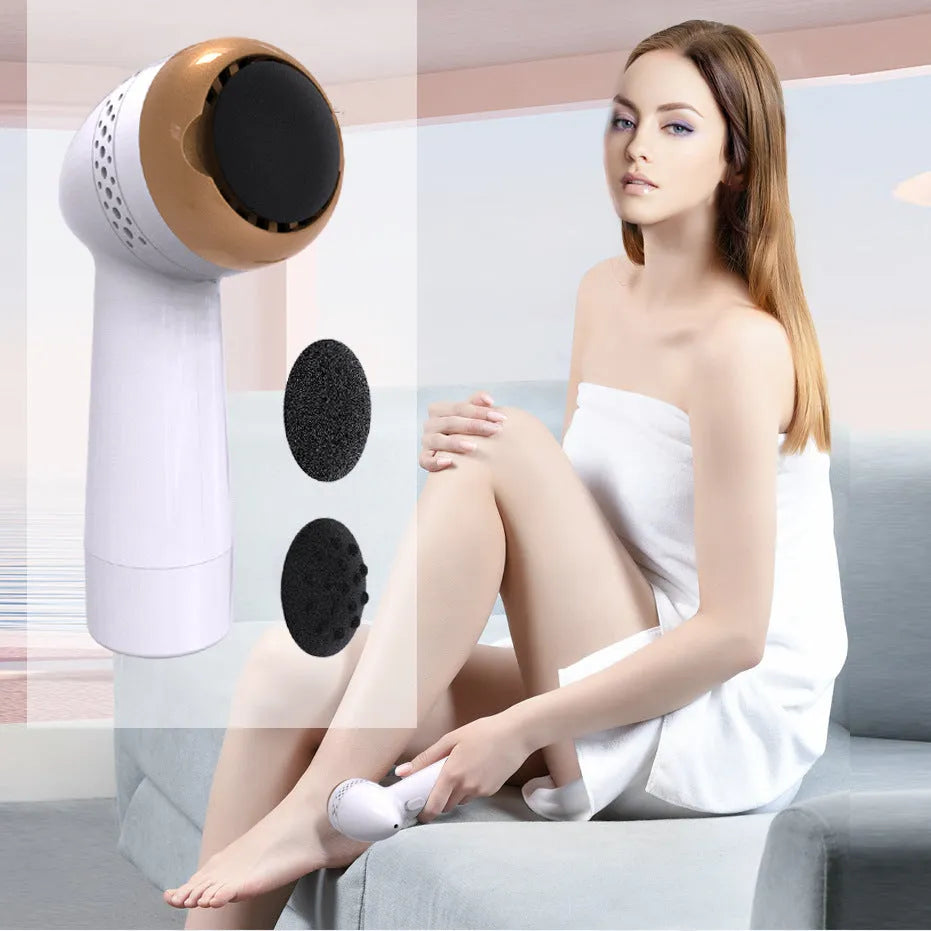 Handheld electric foot grinder with quartz head in gold, pink gold, and white silver colour options.