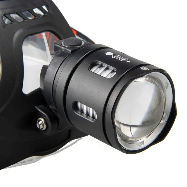 USB rechargeable LED head torch with P50 or P70 bulb, head zoom, IPX5 waterproof rating, aluminium alloy and ABS body, and anti-slip headband.