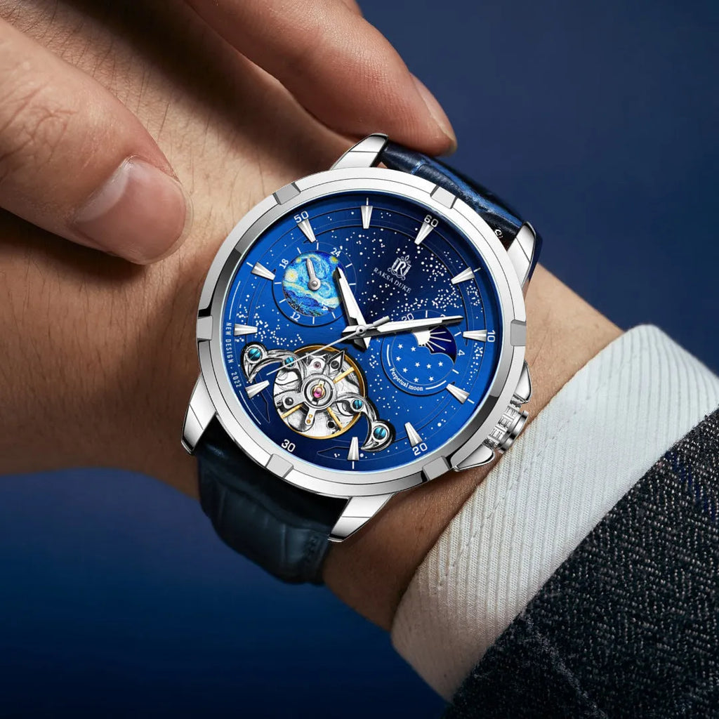 Blue men's automatic skeleton watch with stainless steel bracelet and day-date window