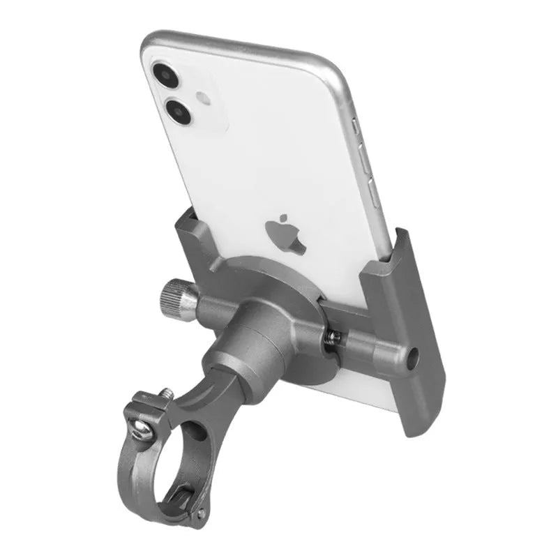 Aluminium alloy bicycle phone holder mounted on handlebars, showing adjustable clamp and phone grip.