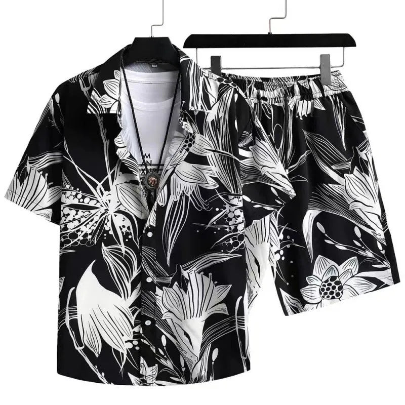 Men's short sleeve cardigan and matching shorts set with a digital pattern, shown in colour Suit 52.