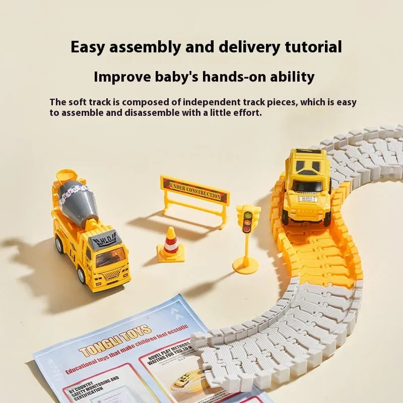 Rail car toy set with plastic track pieces and two electric vehicles in assorted colours
