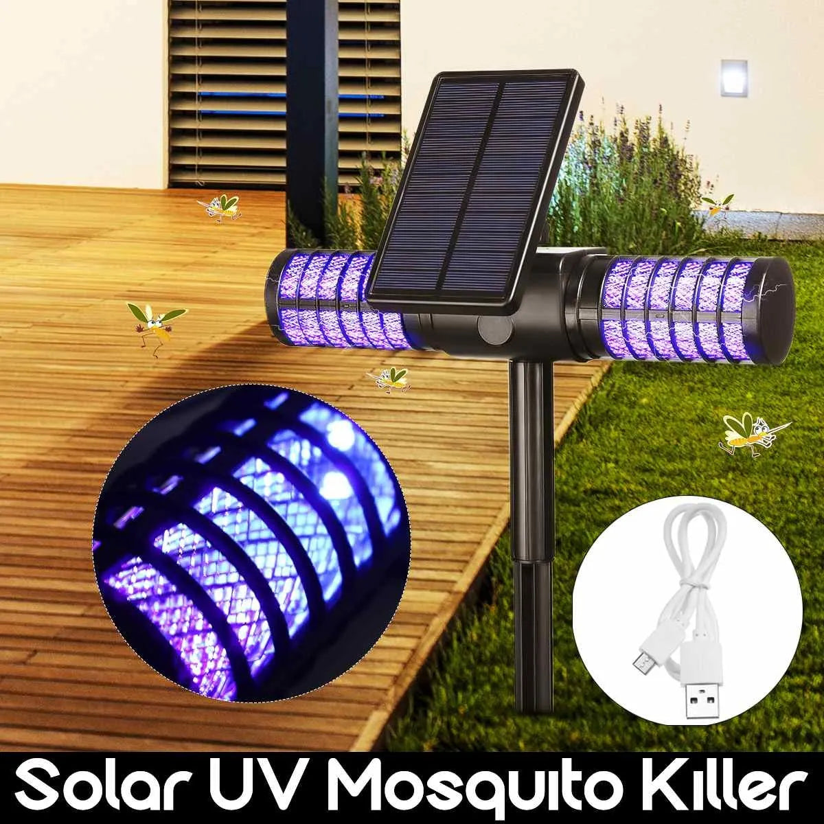 Black outdoor solar rechargeable UV mosquito killer lamp with IP65 waterproof rating and 2000mAh battery