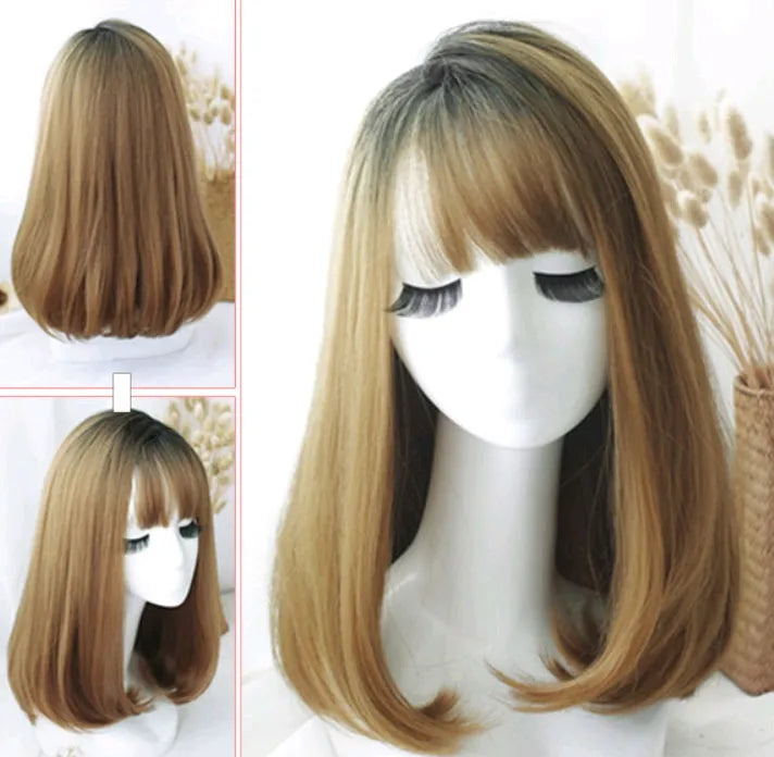 50cm long straight wig with Qi Liu Hai air bangs in high temperature fibre, light and thin women's hairpiece