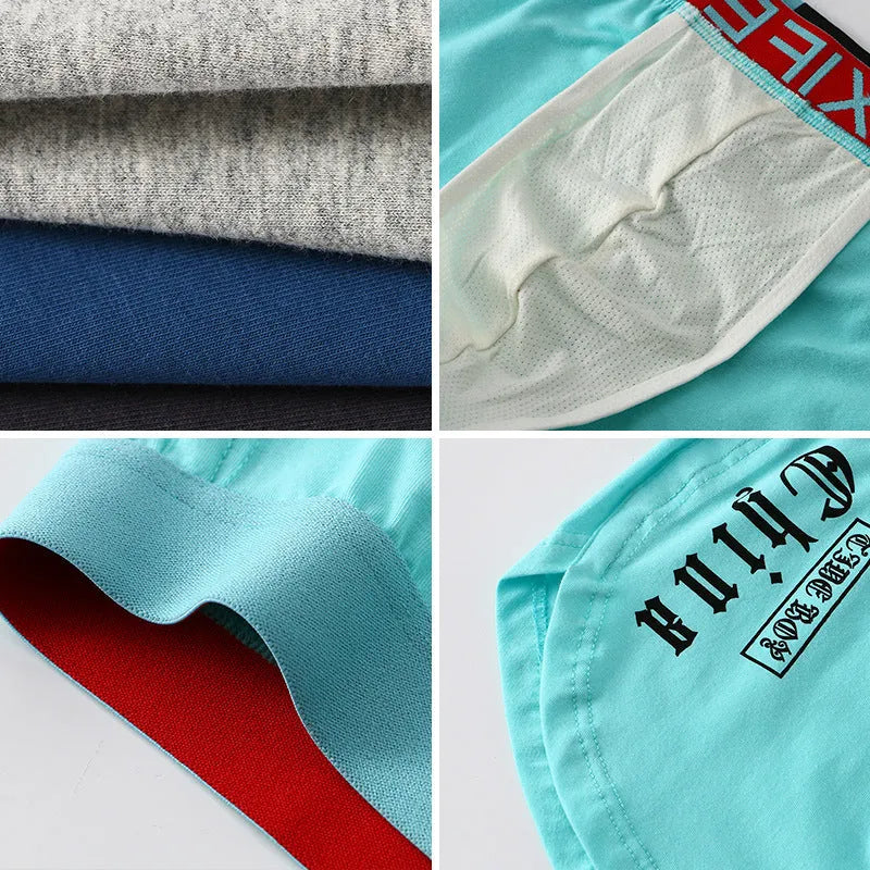 Men's loose fit cotton boxer briefs in multiple colours on a size chart.