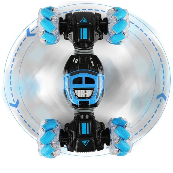 4WD RC stunt car with gesture remote control in red colour on white background showing off-road wheels and LED lights