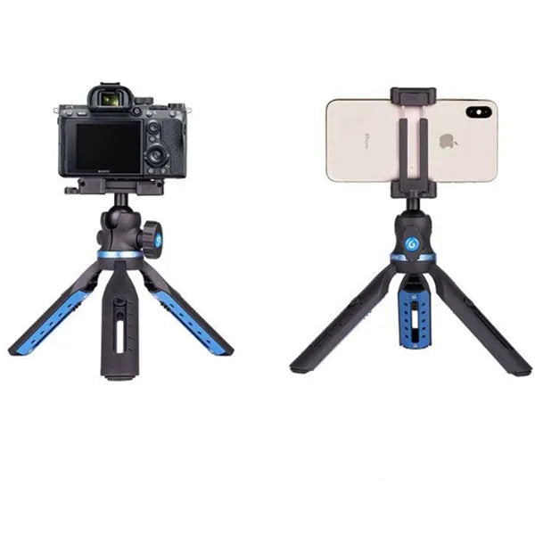 Black plastic and aluminium desktop tripod stand holding a mobile phone.