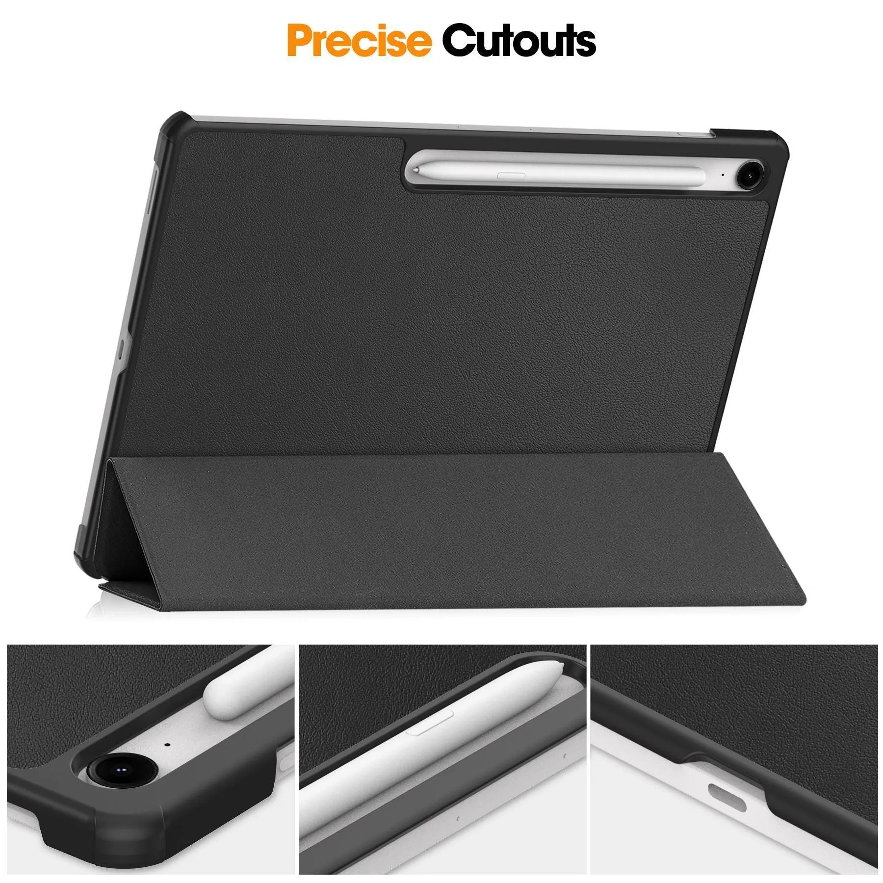 Samsung Tab S10 FE Plus 13.1-inch tri-fold hard protective case in black with integrated kickstand open.