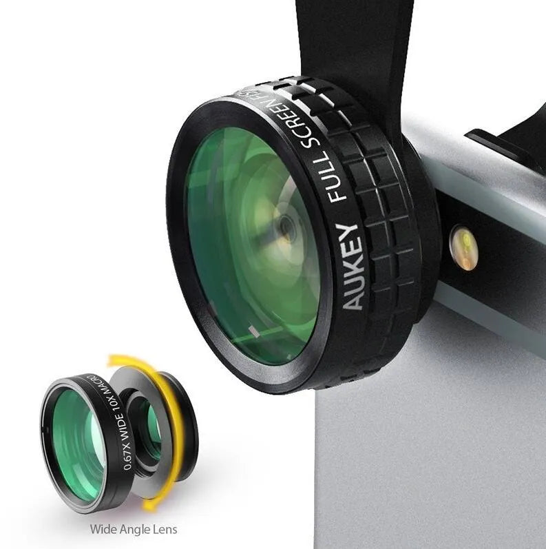 Aukey PL-A1 three-in-one phone lens kit with fisheye, wide angle, and macro lenses and clip.