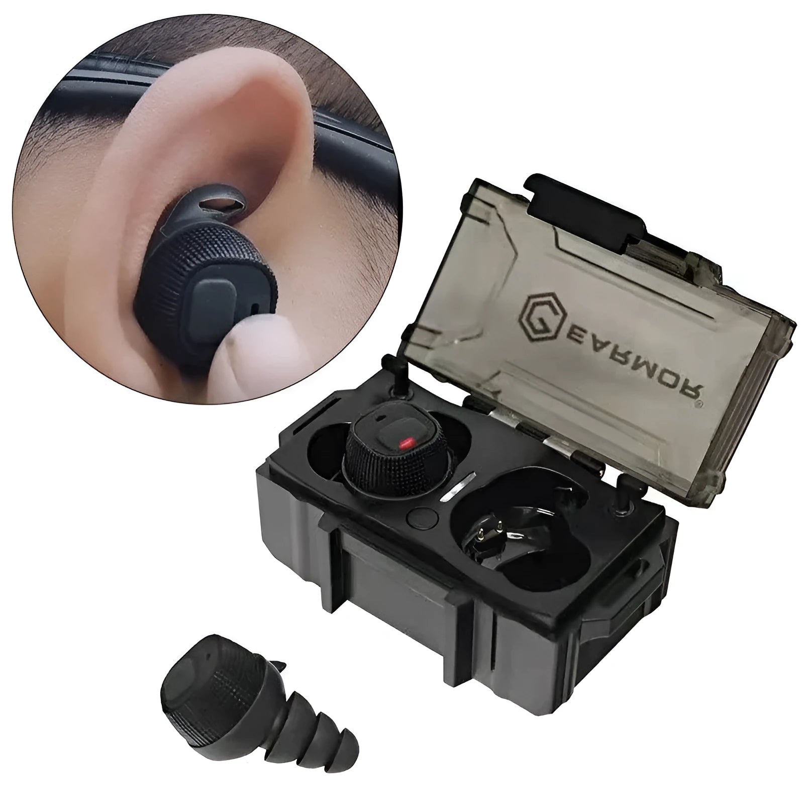 EARMOR M20 black electronic earplugs with charging case, silicone rope, and spare ear tips.