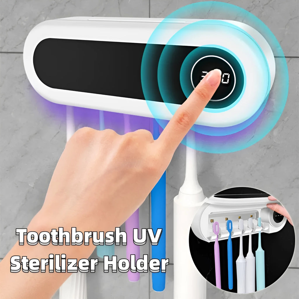Ivory White wall mounted UV toothbrush steriliser holder with digital display and toothpaste squeezer.