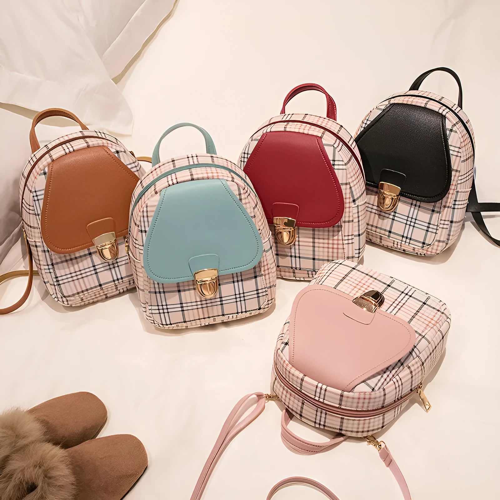 One shoulder diagonal phone bag in PU fabric shown in one of five colours: black, blue, brown, pink, or red.