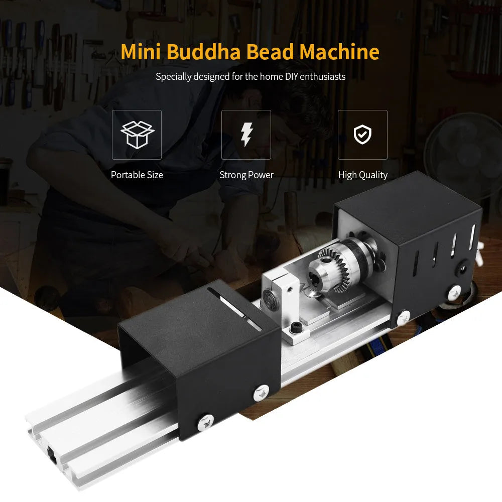 Silver metal mini woodworking lathe with carving knives and tools on workbench