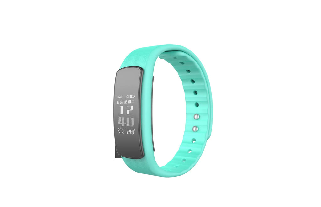 I6 smart sports bracelet with 0.96-inch screen on a TPU wristband, shown in black and green colours.