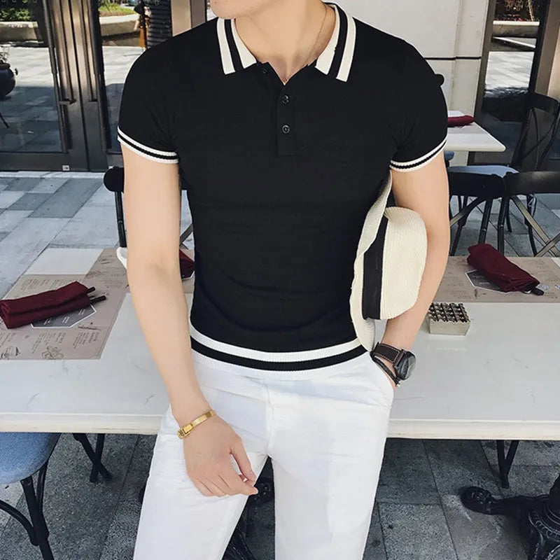 Men's slim fit short sleeve casual polo shirt in black front view