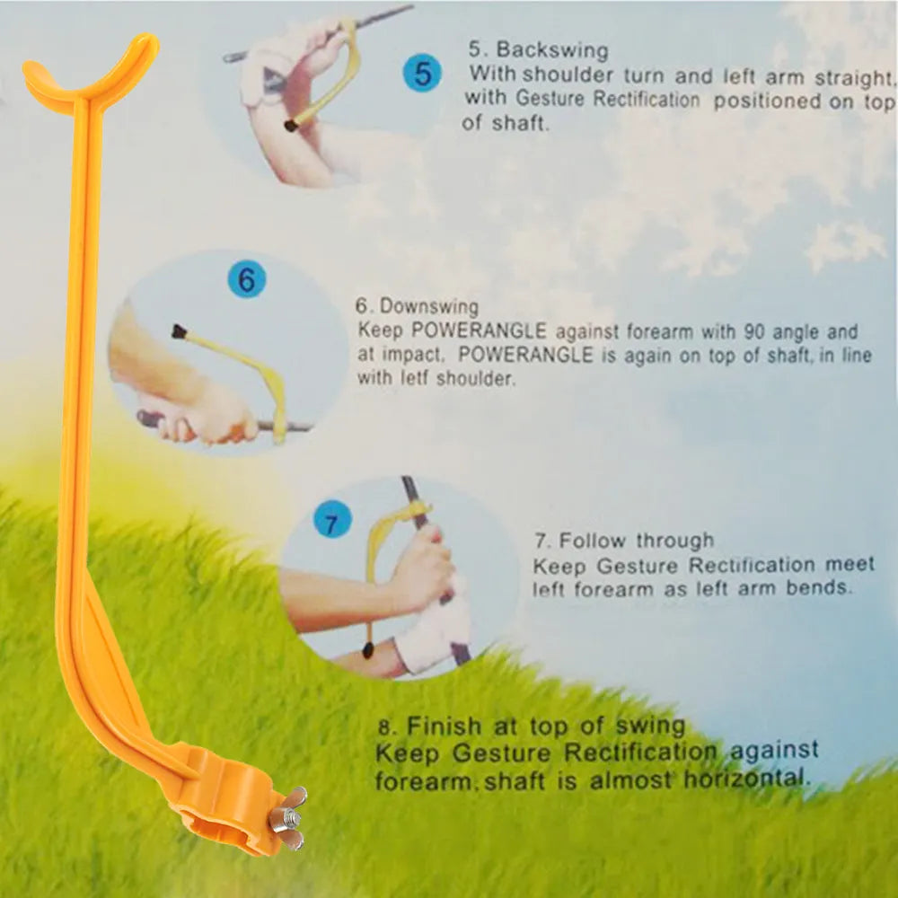 Yellow golf swing training aid, plastic, 25 x 8 x 5cm, for wrist hinge and face alignment.