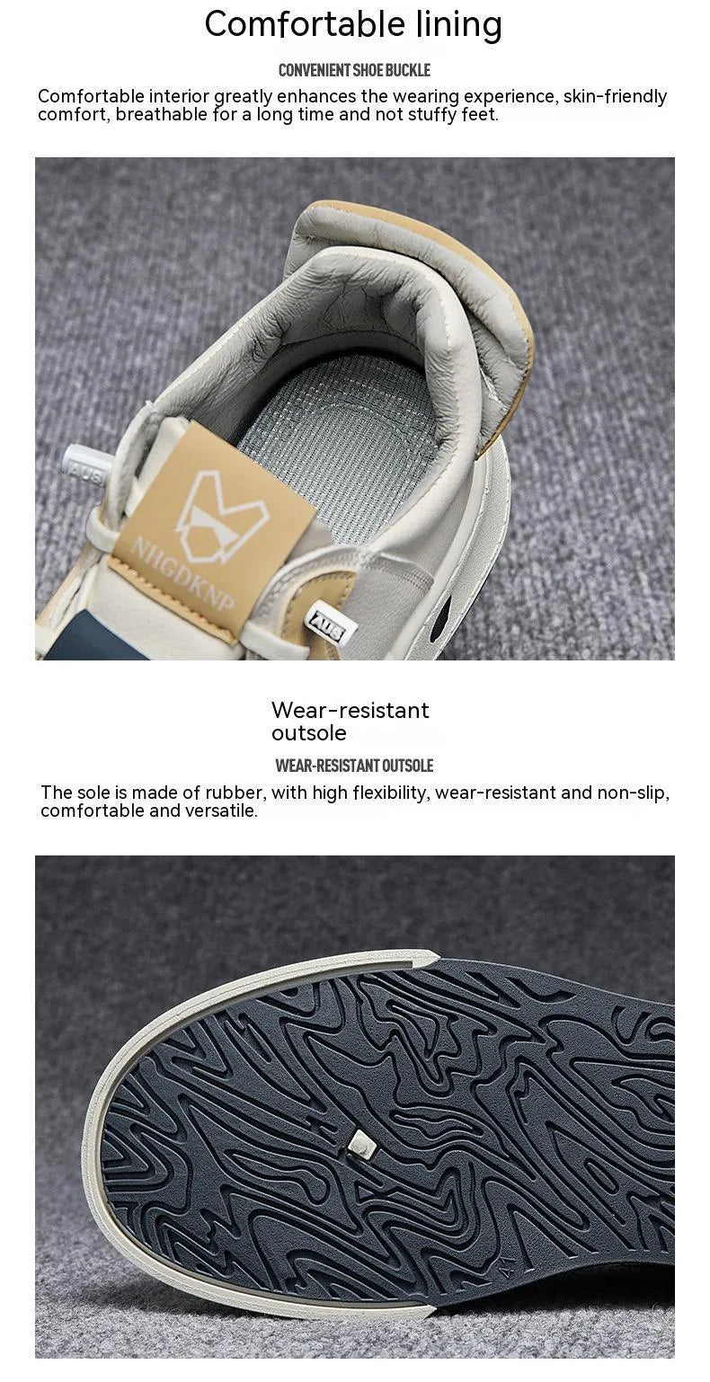 Men's beige and black low-top casual sneakers with an elastic band and round toe.