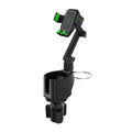 Green ABS plastic car cup holder organiser rack holding a travel mug and a mobile phone.