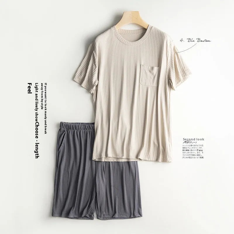 Men's thin polyester summer T-shirt and shorts home wear suit in oatmeal color with deep gray shorts