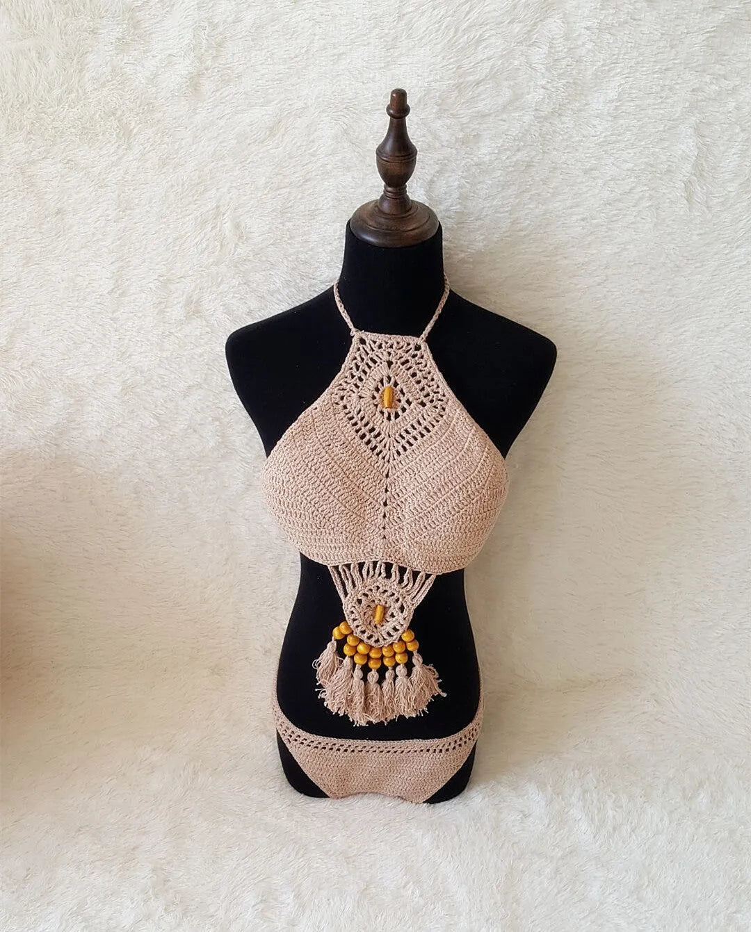Women's crochet tassel bikini set in black, khaki, or white, sizes S M L, two-piece swimsuit for beach and pool