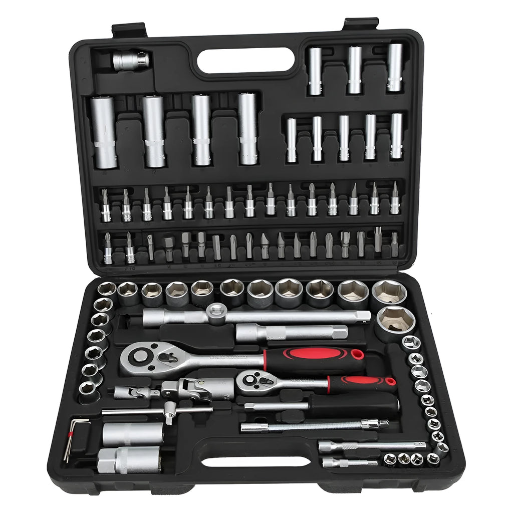 94-piece chrome vanadium steel metric socket set in black storage case