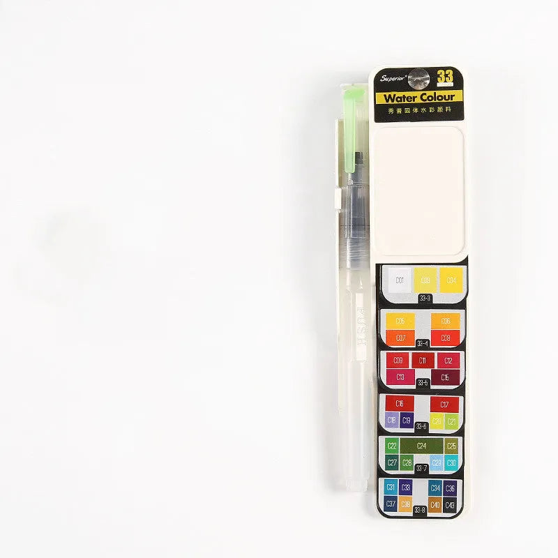 Fan-shaped foldable solid watercolour paint set with transparent plastic box, fountain pen, and sponge