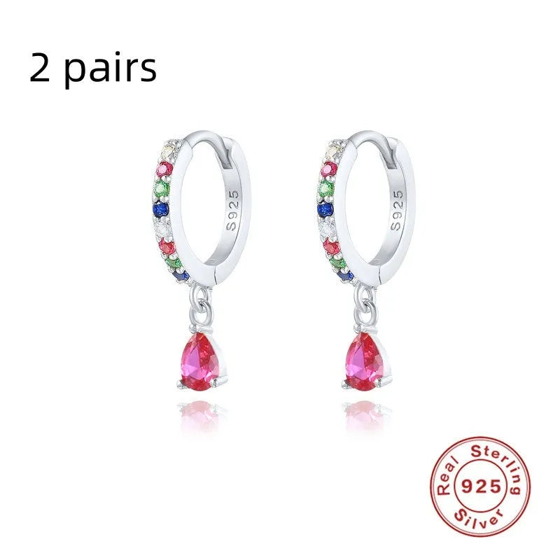 S925 sterling silver water drop earrings with geometric design and coloured crystal stones.