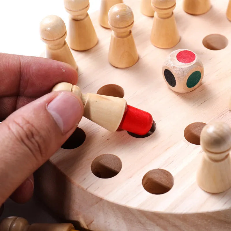 Wooden memory chess game for children with beech wood board and pieces for colour recognition learning