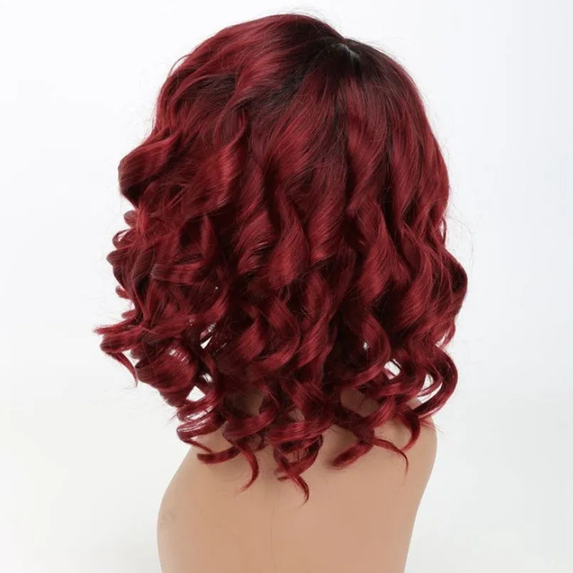 European Beauty wig headgear wine red 12inch full mechanism oblique bangs front view
