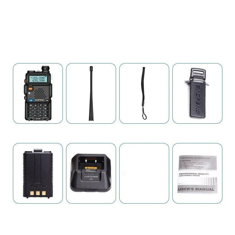 Baofeng UV5R black portable dual band walkie talkie with antenna, battery, charger, earpiece and clip