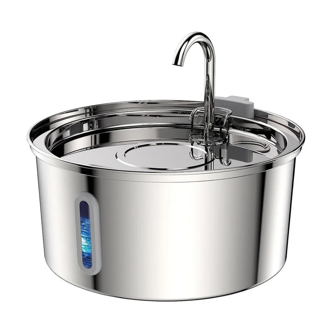 Stainless steel pet water dispenser with round basin and window faucet for dogs and cats.