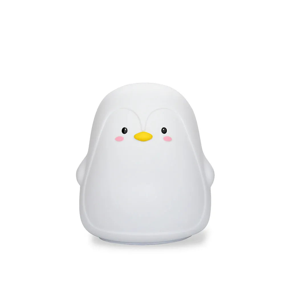 White USB rechargeable penguin-shaped night light with soft glow, shown next to its charging cable.